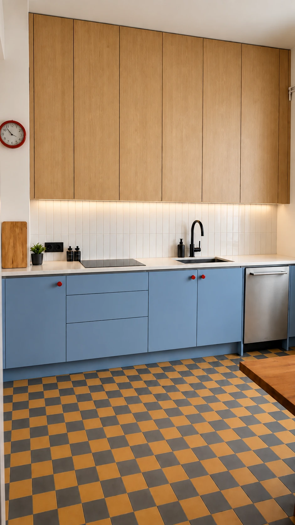 Timber and blue cabinetry above a checkerboard kitchen floor